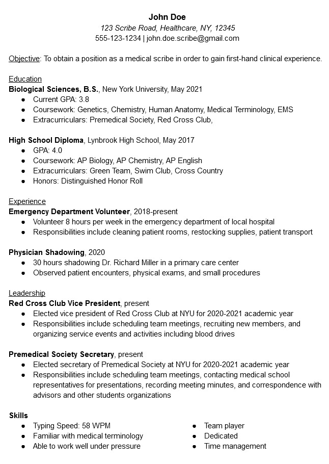 medical scribe resume example